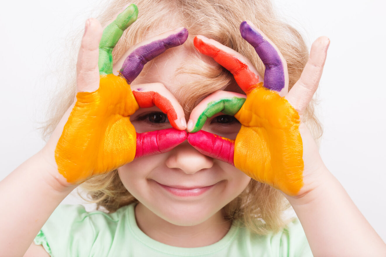 Little girl  hands painted in colorful paints