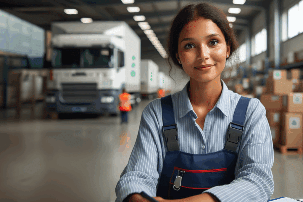 Zukunft von Mobilität und Logistik in Südniedersachsen: Eine Frau steht in einer Lagerhalle. Im Hintergrund stehen LKW. (KI generiert)