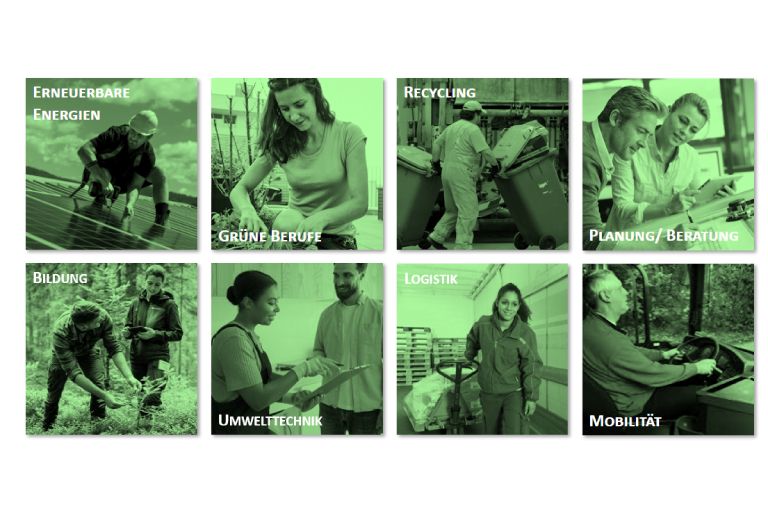 Veranstaltungsbild zur Reihe „Hierbleiben & Karriere starten! Online-Elternabende zu Praktikums- und Berufseinstiegsmöglichkeiten“: Collage aus acht grün eingefärbten Fotos mit Menschen in verschiedenen Berufsfeldern wie erneuerbare Energien, grüne Berufe, Recycling, Planung und Beratung, Bildung, Umwelttechnik, Logistik und Mobilität.